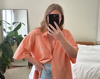 Ralph Lauren Kurzarmhemd, Vintage Button Down, übergroßes orange kariertes Hemd, Freundhemd, oranges Polo
