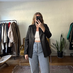 Veste en cuir noir vintage avec ceinture, années 80, 90, manteau en cuir vintage, moto en cuir noir, rétro