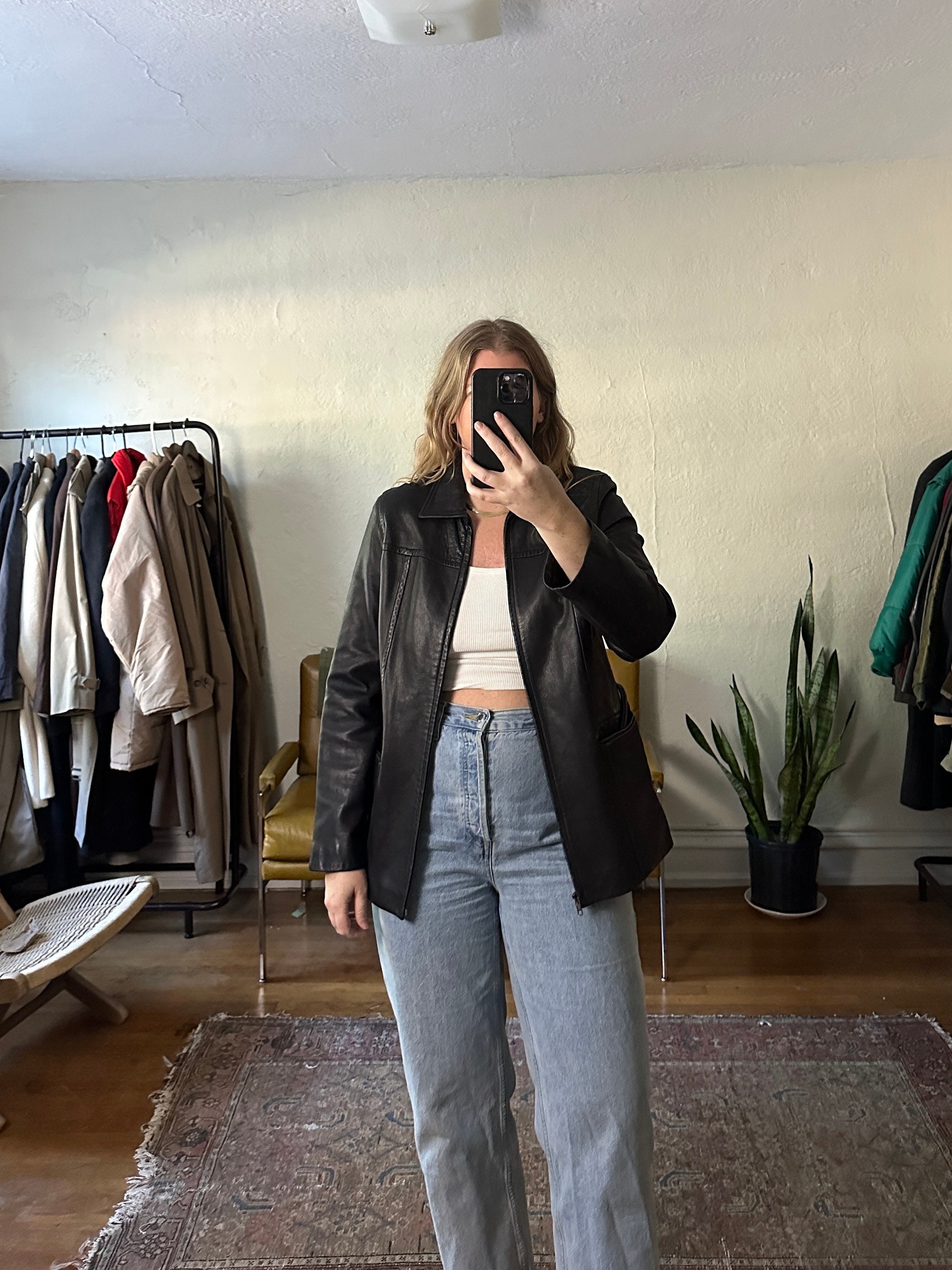 Vintage Black Leather Jacket With Belt: 90s Moto Style - Etsy