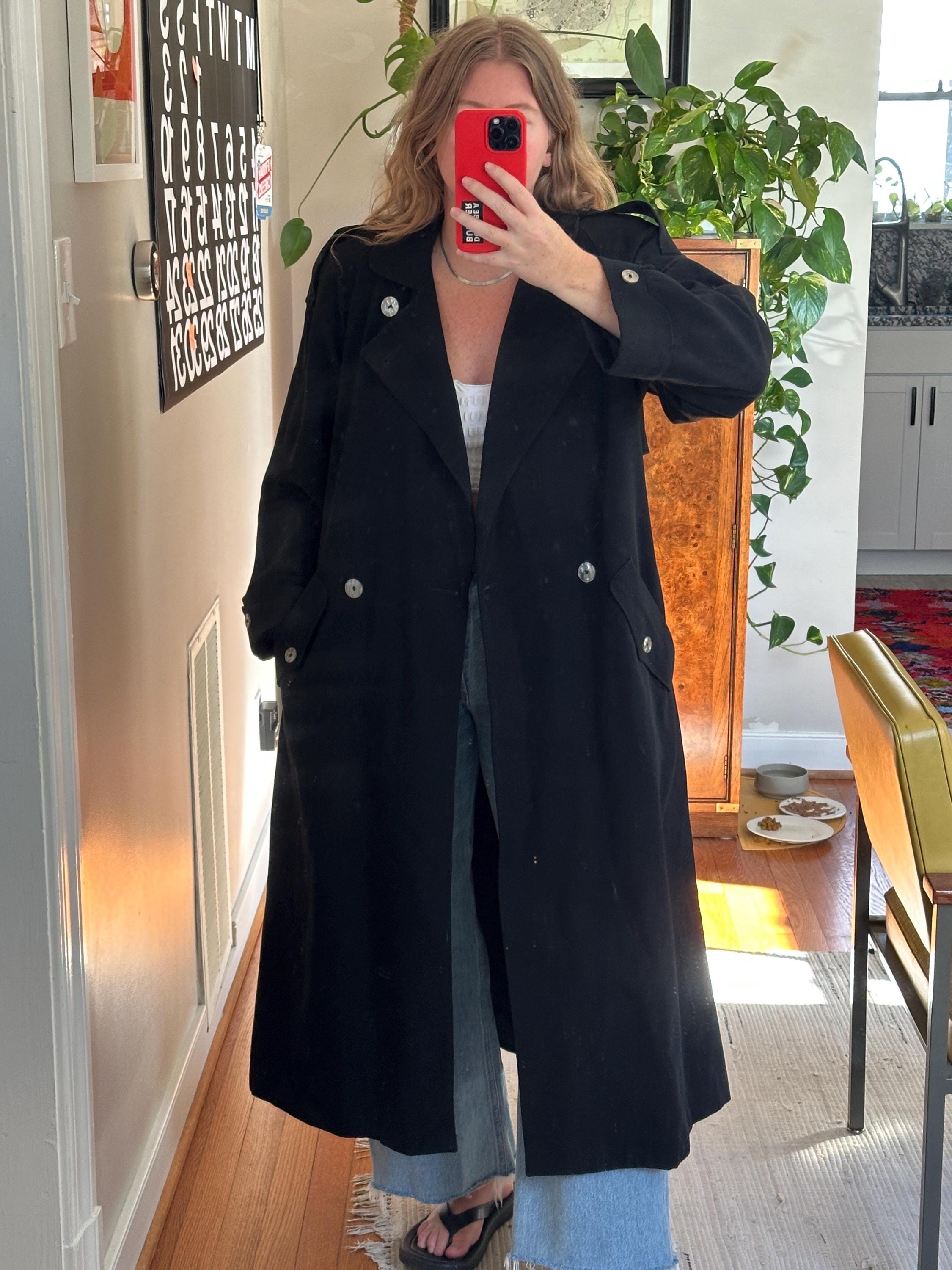 Vintage Black Oversized Wool Trench Coat: 90s Style, Made in USA