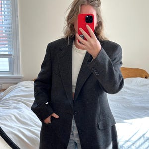 Vintage Wool Plaid Blazer: Dark Gray Oversized Boyfriend Fit