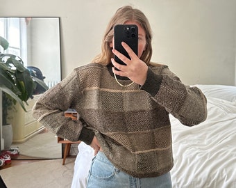 Vintage Neutral Patterned Sweater, plaid sweater, Oversized brown sweater, vintage clothing, pullover