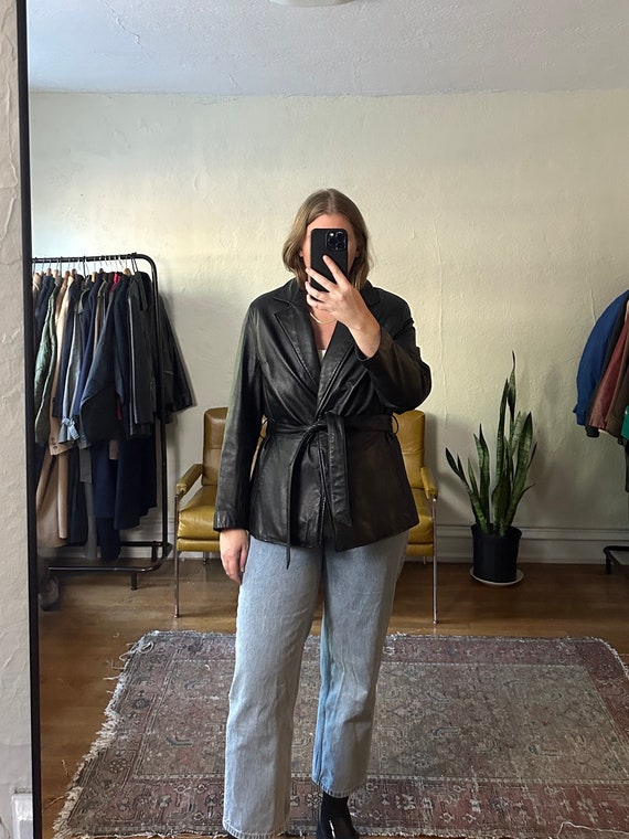 Vintage Black Leather jacket with belt, 80s, 90s,… - image 1