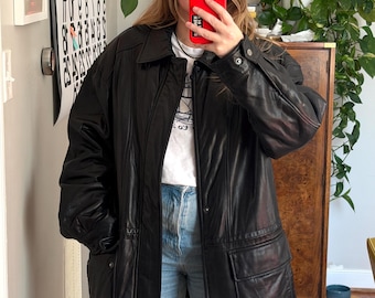 Vintage Black 90s Leather jacket, oversized jacket, 80s, 90s