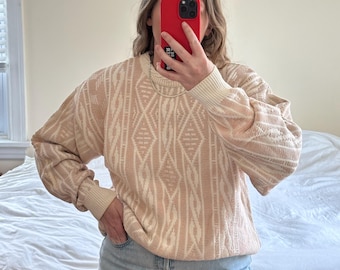 Vintage Cotton Knit Sweater: Tan & Pale Pink Pattern, Oversized Fit