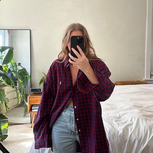 Ralph Lauren red and blue plaid Button Down, oversized red plaid shirt, boyfriend shirt, Plaid button down