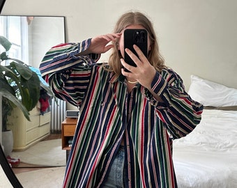 Vintage Oversized bold striped Button Down, Oversized striped shirt, oversized button down, striped boyfriend shirt