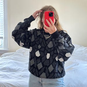 Vintage Dark Gray patterned Sweater, oversized dark Gray sweater, charcoal gray sweater, vintage clothing, gray pullover