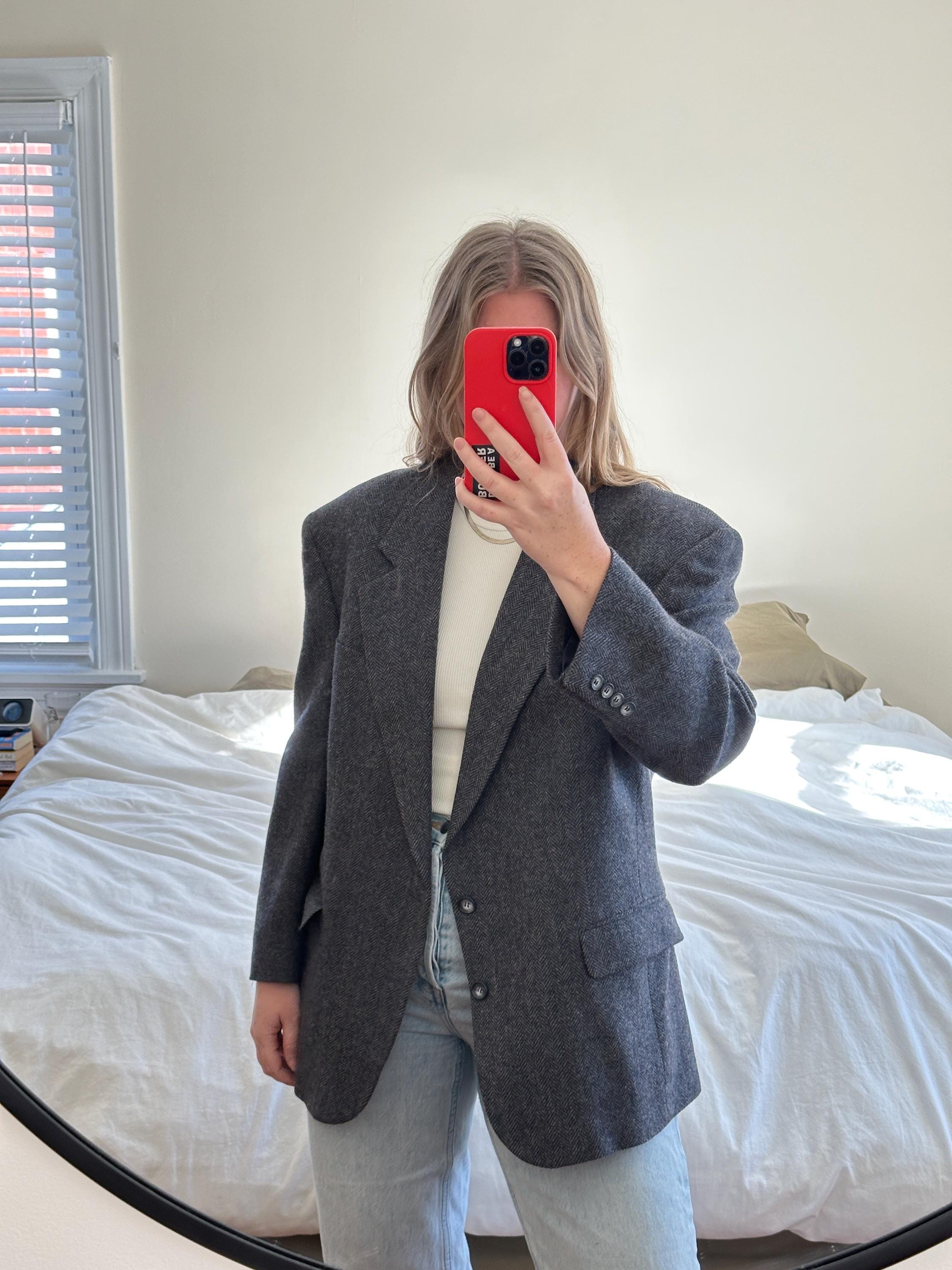 Vintage Herringbone Wool Blazer: Oversized Gray Boyfriend Fit - Etsy