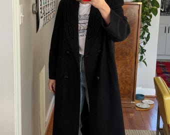 Vintage Black Wool Full Length Coat with unique collar: 80s Style