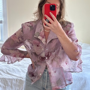 Vintage sheer floral purple blouse, sheer purple printed blouse, purple shirt, floral button up