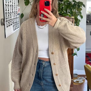 Vintage Merino Wool Grandpa Cardigan: Oversized 90s Beige Sweater