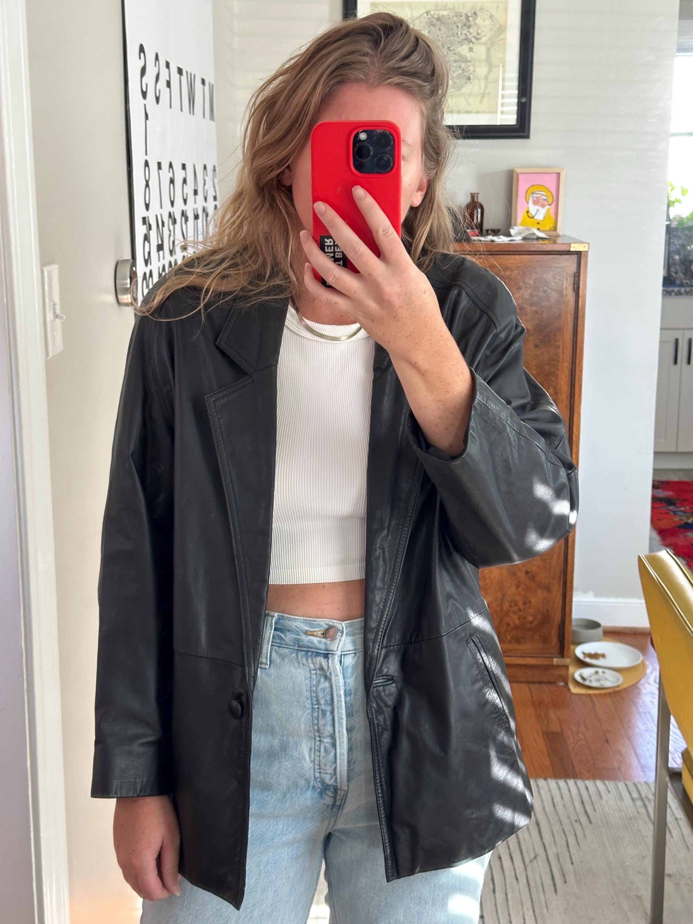 Vintage 90s Black Leather Jacket: Oversized Long Collar Coat - Etsy