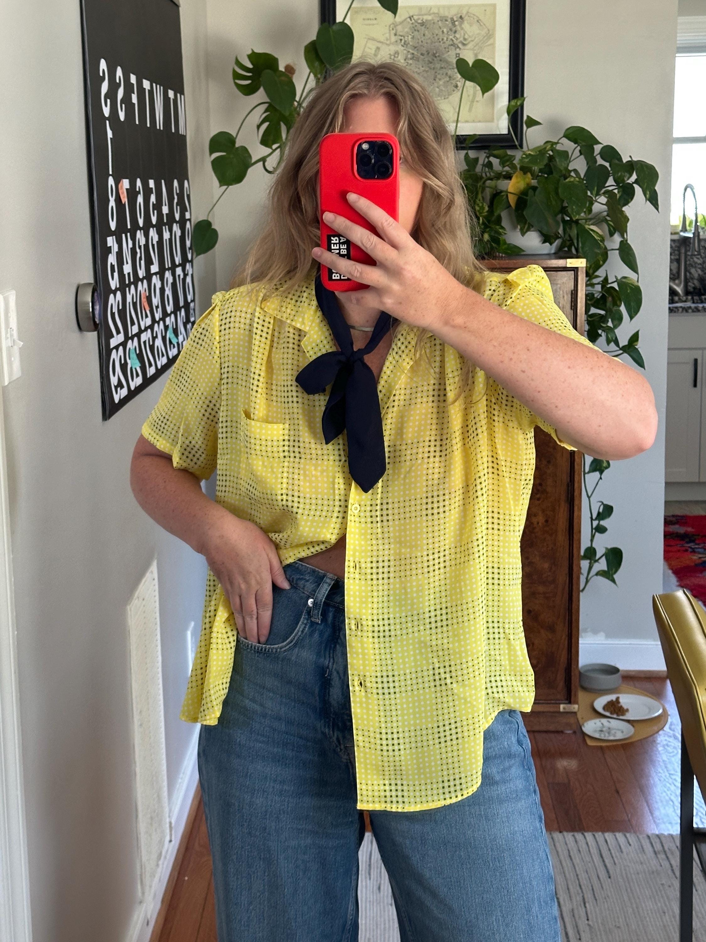 Vintage 80s Yellow Polka Dot Shirt: Oversized Short Sleeve Top