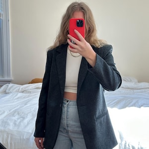 Vintage Dark Gray Wool Blazer: Oversized Boyfriend Fit
