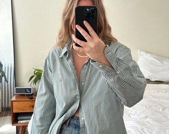 Ralph Lauren green and white striped button down, Oversized striped shirt, boyfriend shirt, green and white striped shirt