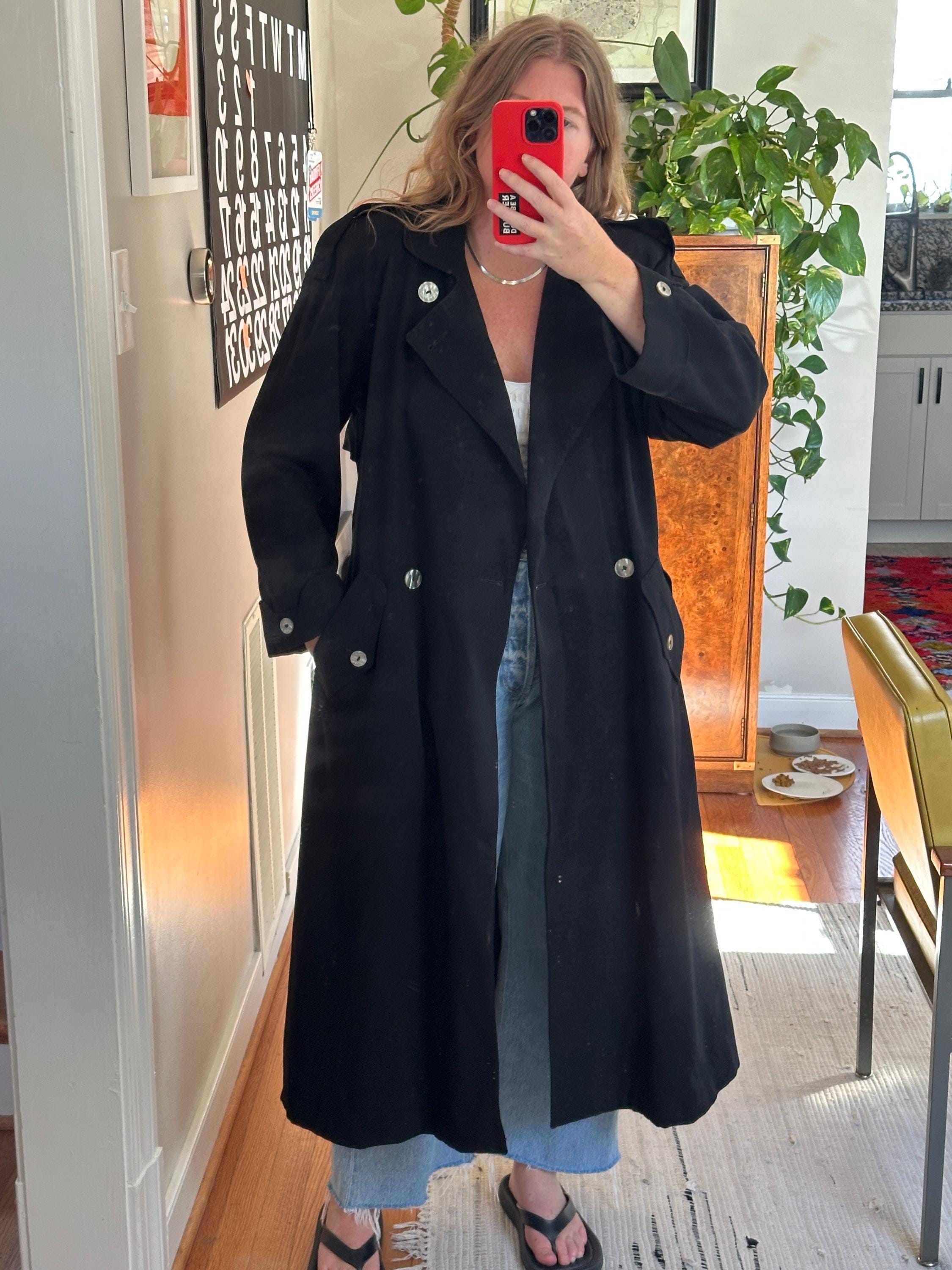 Vintage Black Oversized Wool Trench Coat: 90s Style, Made in USA