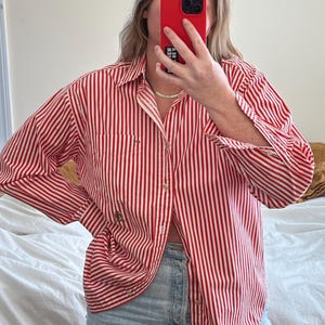 orange red stripe button shirt