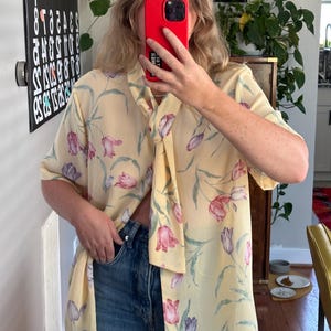 Vintage yellow short sleeve blouse with floral print, floral shirt, yellow shirt