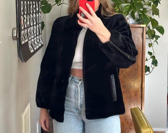Vintage Schwarze Kunstpelz Kurzjacke mit Leder Details