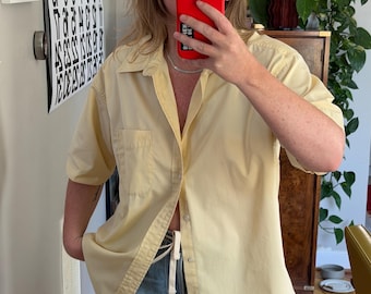 Vintage Oversized Butter Yellow Cotton Shirt: Short Sleeve Button Down