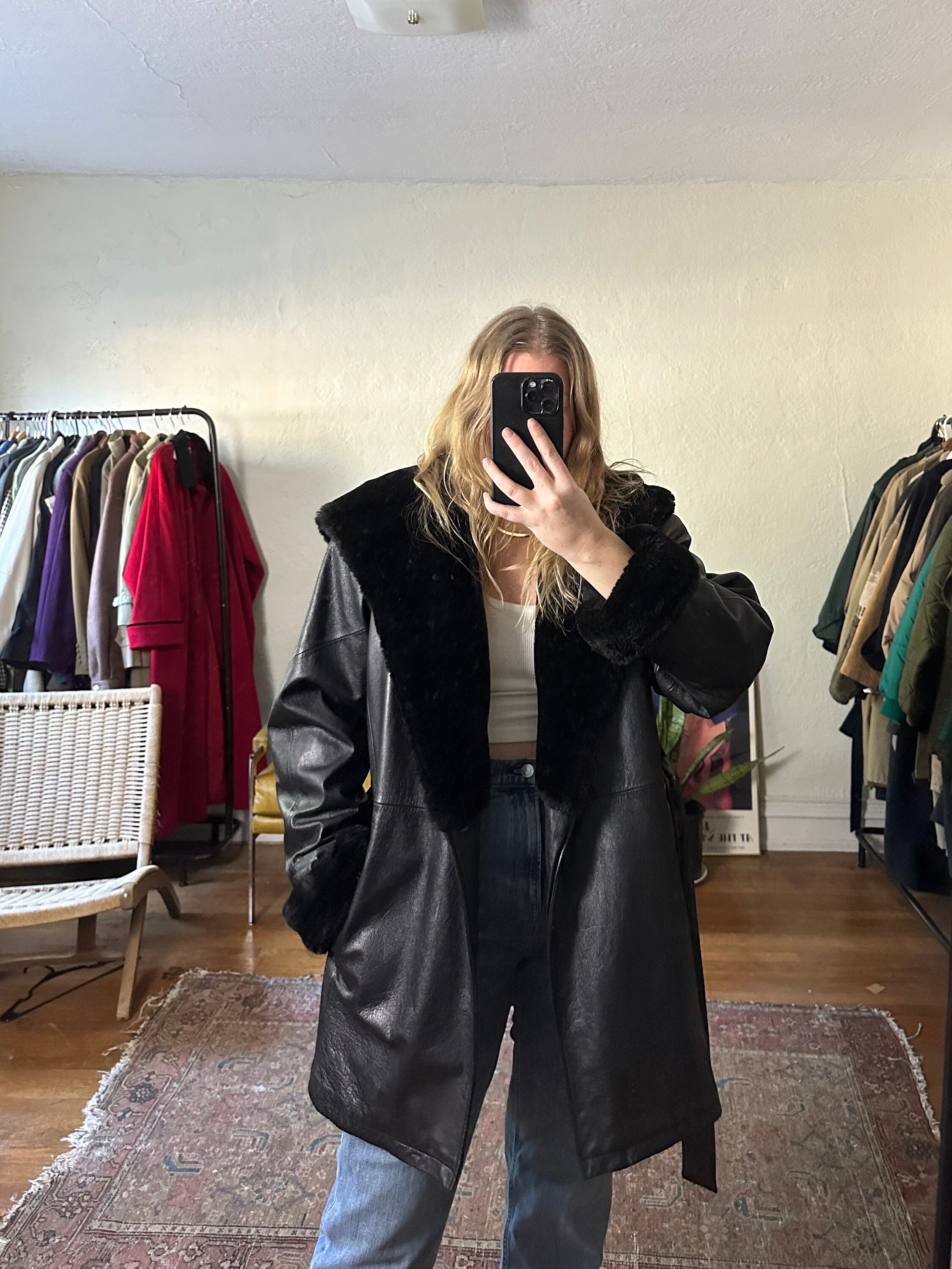 Vintage Black Leather and Faux Fur Jacket - XL main image 0