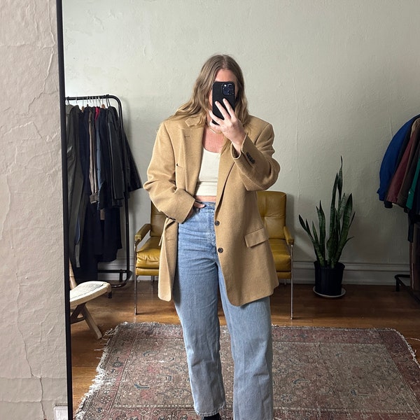 Vintage Tan Camel Hair Blazer, tan dad blazer, Oversized tan blazer, granddad blazer, boyfriend blazer, Ralph Lauren