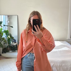 Vintage Ralph Lauren Orange Shirt: Oversized Checkered Cotton Button-Down