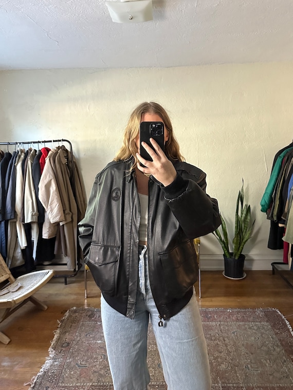 Buy Vintage Black Leather Bomber Jacket, Oversized Bomber Jacket