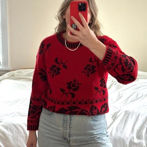 Vintage Red patterned Sweater, red sweater, red and black knit, red sweater with floral print