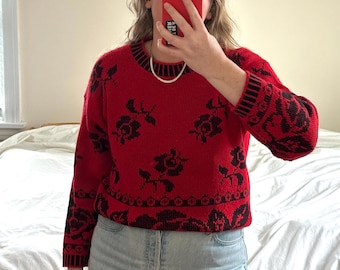 Sweter w kolorze czerwonym z kwiatowym wzorem w stylu vintage - Lauren Knitwear Co.