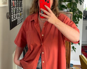 Vintage Burnt Orange short sleeve button down - Oversized Boyfriend Shirt