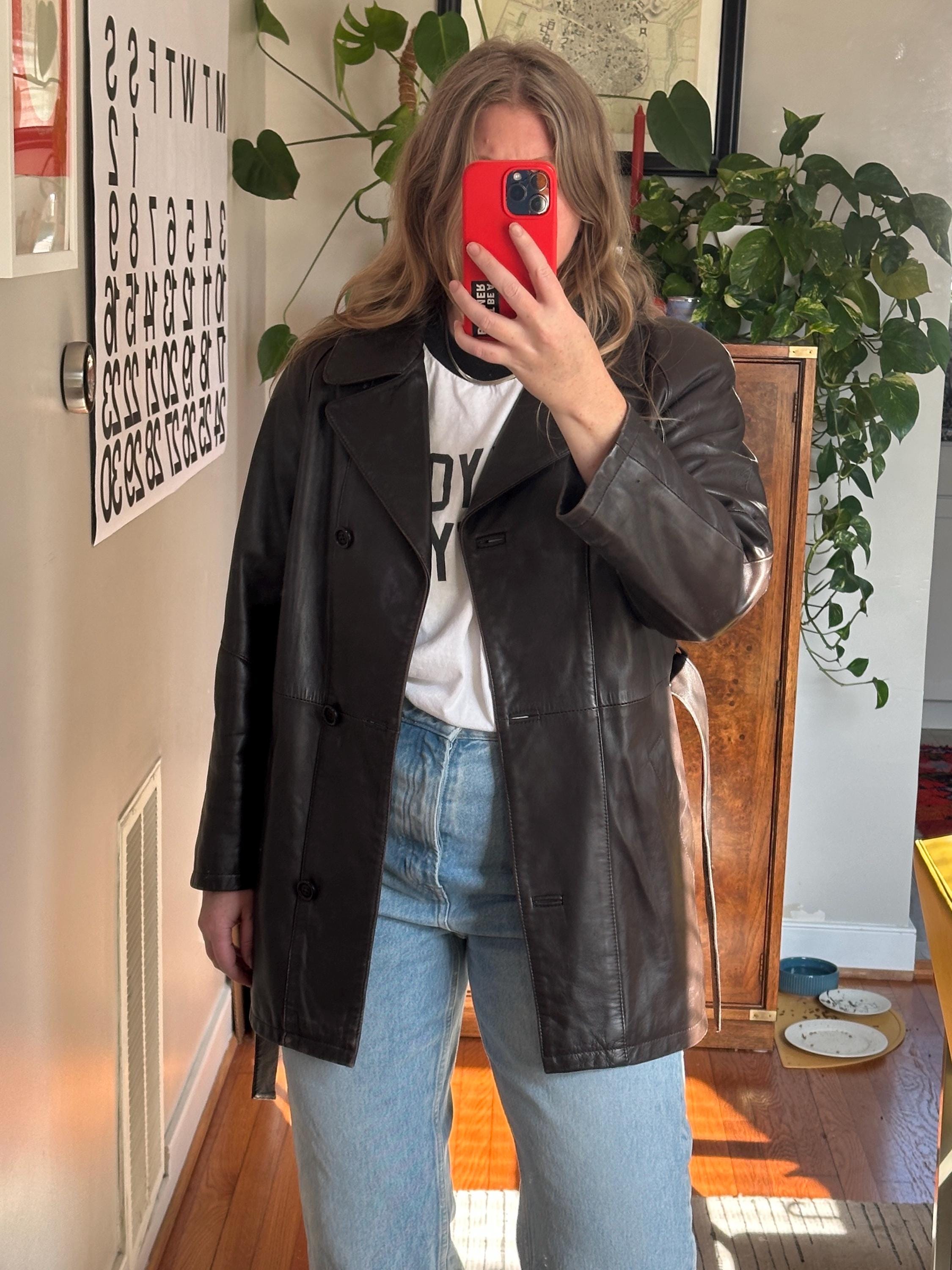 Vintage Dark Brown Leather Jacket With Belt: 90s Oversized Style