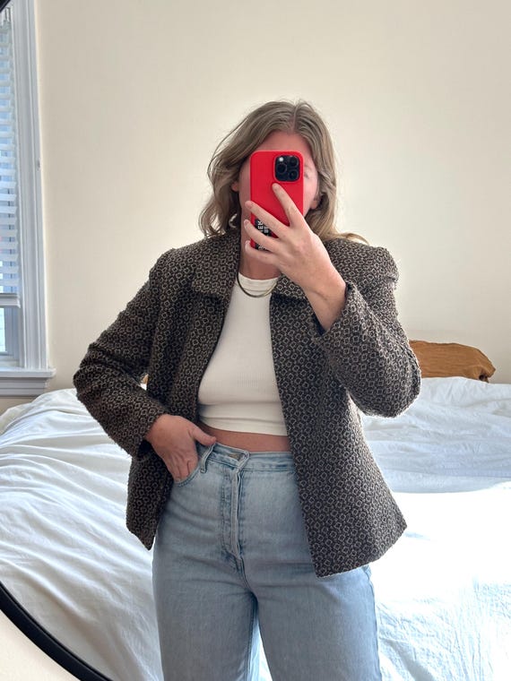 Vintage Cropped Tweed Jacket: Brown Woven Wool Bl… - image 7