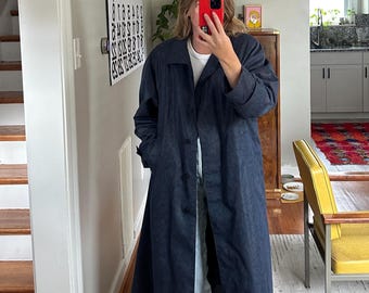 Vintage Navy Blue Floral Trench Coat: Oversized 80s Style - Etsy