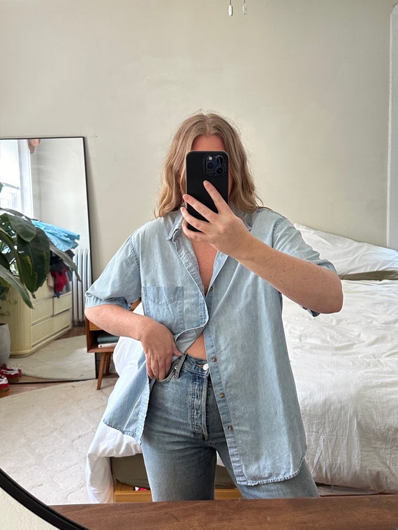 Vintage light denim short sleeve button down, Over