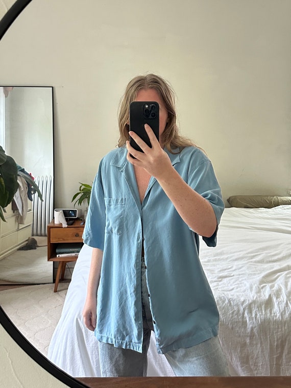 Vintage blue silk Button Down, Oversized light bl… - image 2