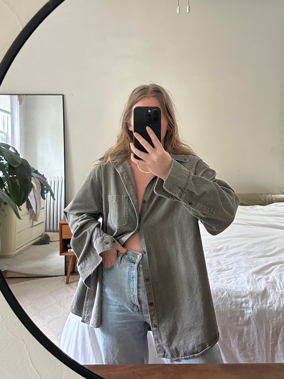 Vintage Faded Grayish Green Button Down, oversize… - image 2