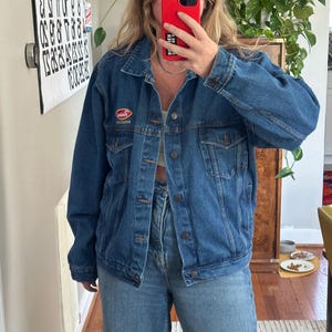 Vintage denim jacket, oversized jean jacket, blue jean jacket, branded denim jacket, casino jacket