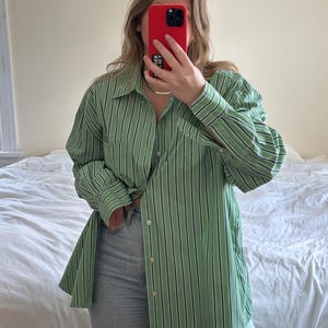 Vintage Oversized Green Striped Cotton Button-Down Shirt
