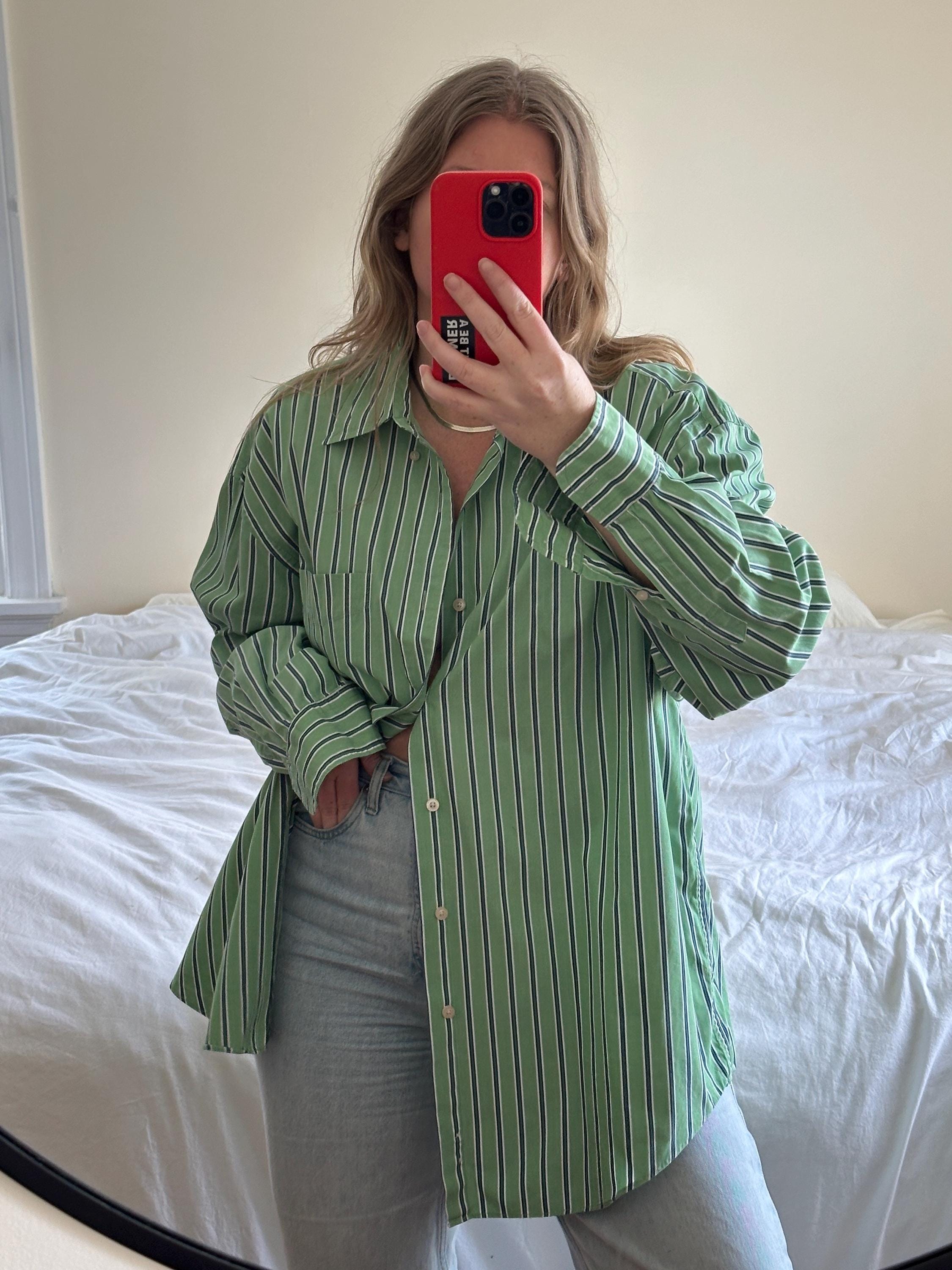 緑縞 80s makers broad stripe button down Oversized Green Striped Button Down, Oversized Striped Shirt