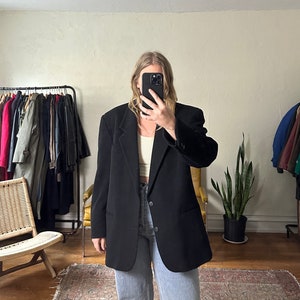 Vintage black wool Blazer, Oversized black blazer, black wool blazer, black boyfriend blazer