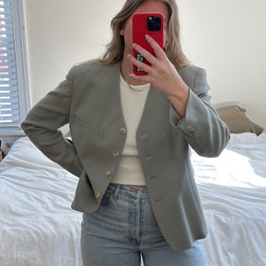 Vintage Sage Green Wool Blazer: Collarless Oversized Jacket