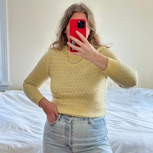 Vintage yellow patterned sweater, 90s yellow fitted sweater, yellow knit sweater