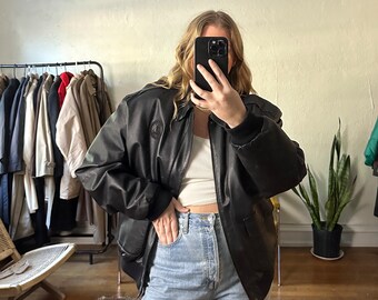 Buy Vintage Black Leather Bomber Jacket, Oversized Bomber Jacket