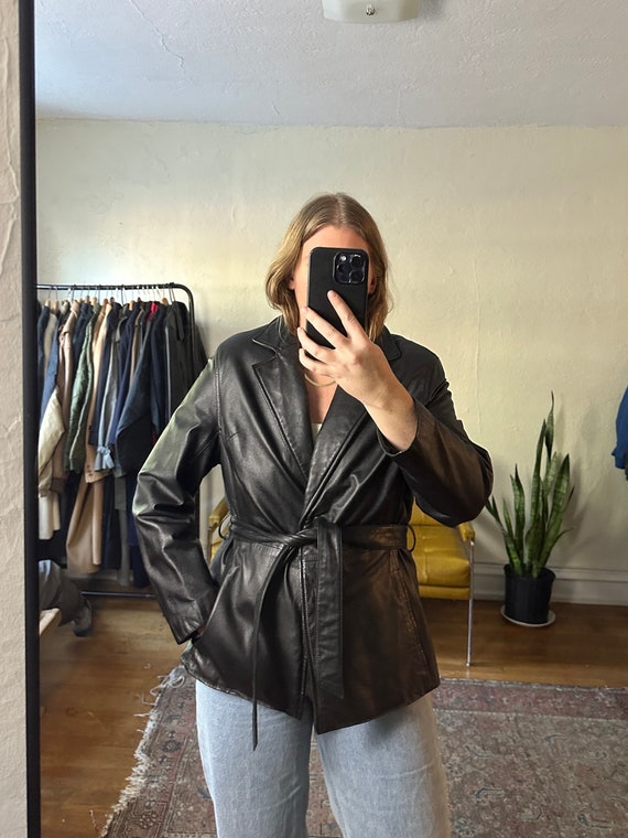 Vintage Black Leather jacket with belt, 80s, 90s,… - image 3