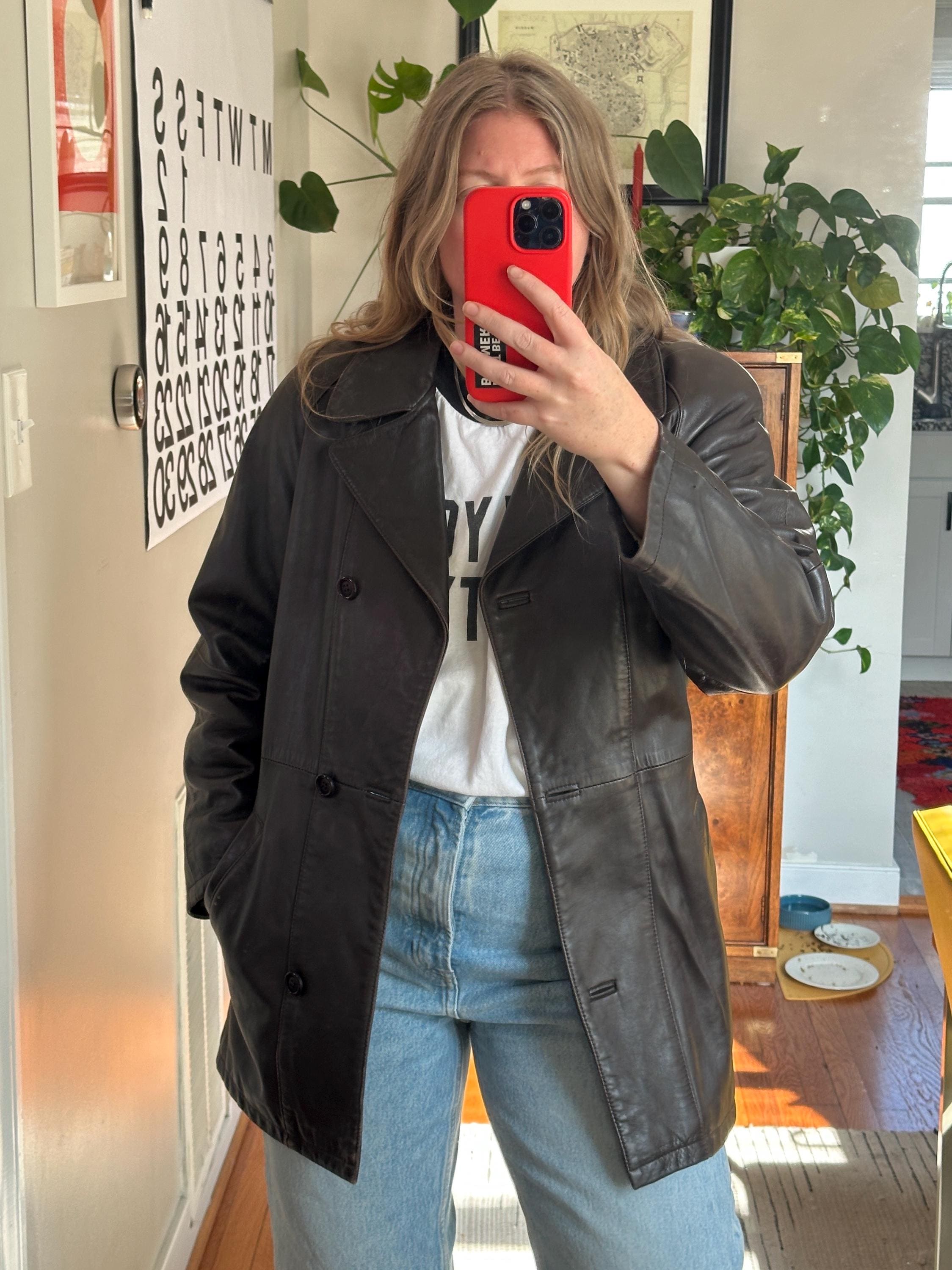 Vintage Dark Brown Leather Jacket With Belt: 90s Oversized Style