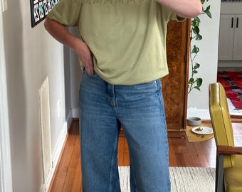 Vintage Light Green Short Sleeve Sweater: Oversized 90s Knit Top