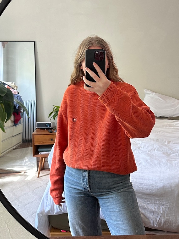 Vintage Orange Chaps Sweater, Orange patterned swe