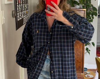 Vintage Ralph Lauren geruit overhemd: marineblauw katoenen button-down shirt